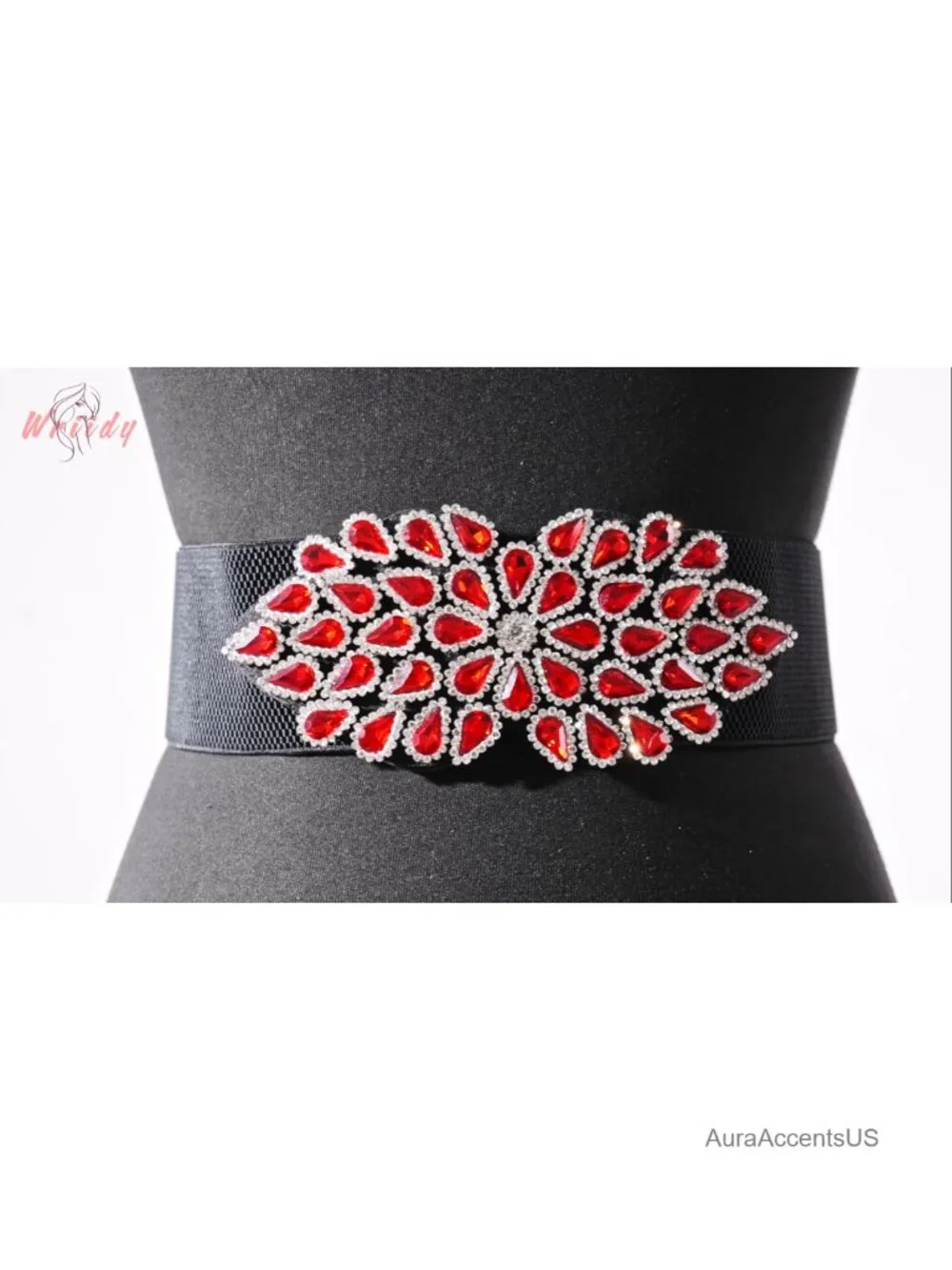 Rhinestone Stretch Wide Waist Belt with Crystal Buckle Dressy